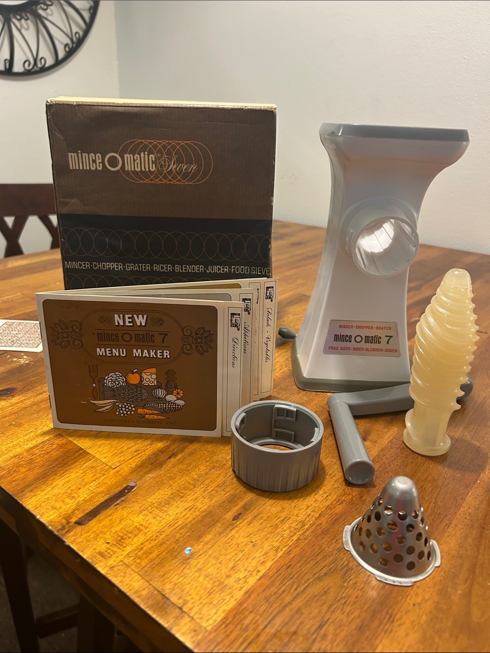 Vintage 60's Mince-O-Matic 7 Manual Food Grinder Gray Original Box 5 tools.